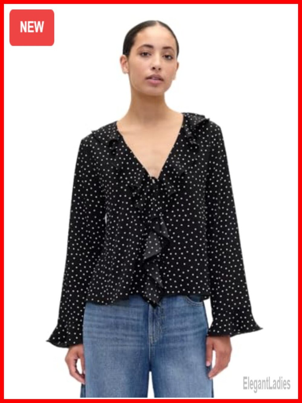 Long Sleeve Ruffle V-Neck Woven Top Crew Neck Pull On Regular Fit